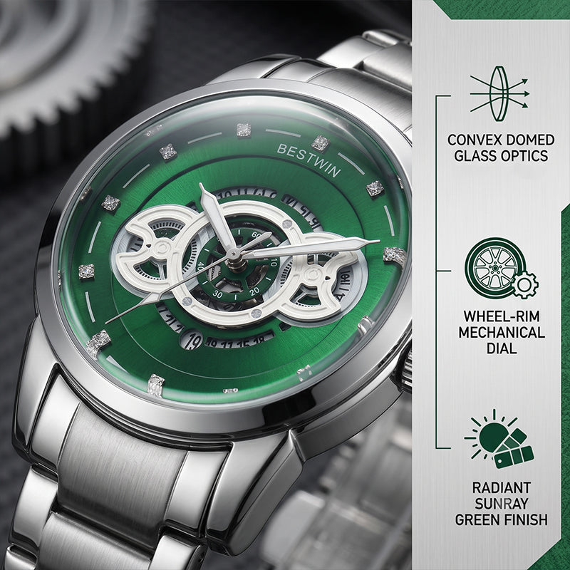 BESTWIN WB911 Live Edition Men's Dashboard Skeleton Style Quartz Watch - 43mm Silver Case Convex Crystal Green Dial 6H Date Window Metal Band Wristwatch