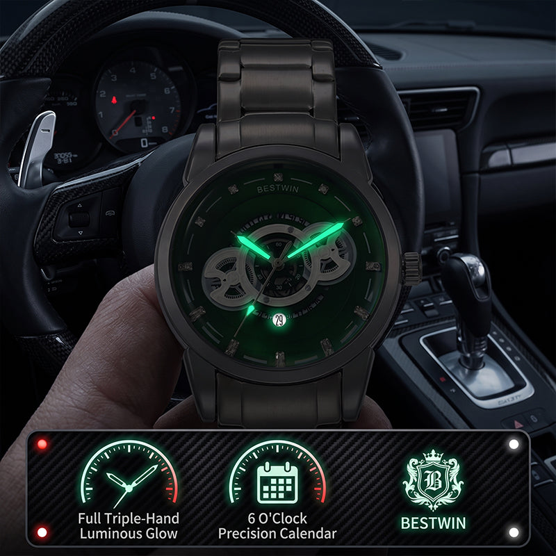 BESTWIN WB911 Live Edition Men's Dashboard Skeleton Style Quartz Watch - 43mm Silver Case Convex Crystal Green Dial 6H Date Window Metal Band Wristwatch