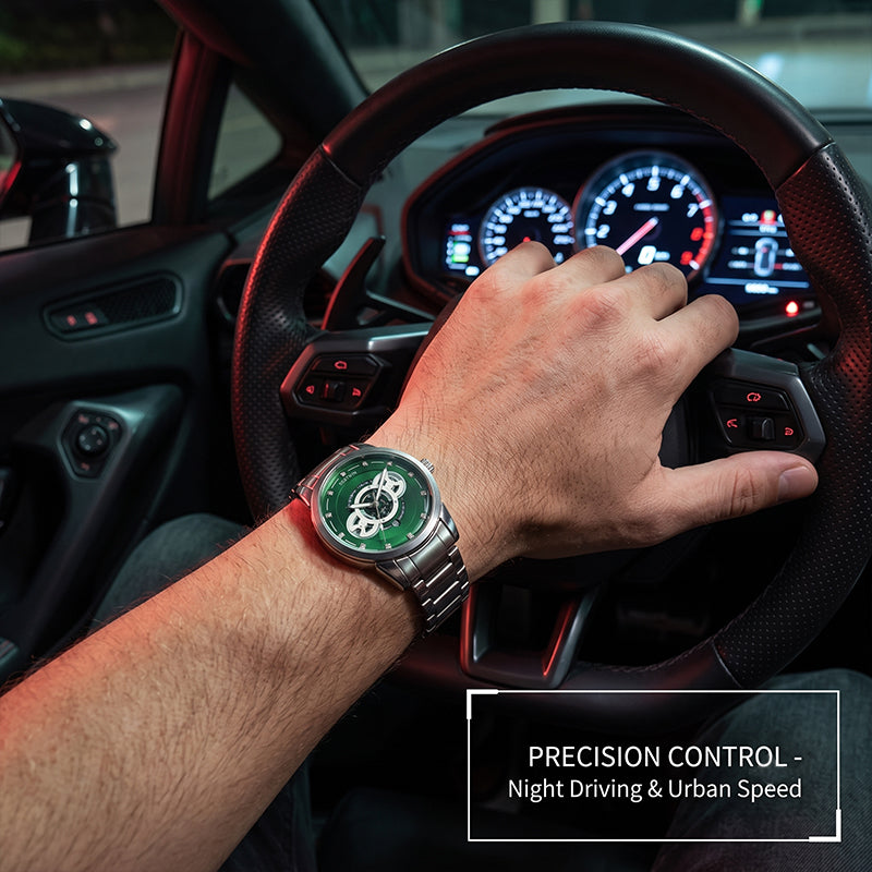 BESTWIN WB911 Live Edition Men's Dashboard Skeleton Style Quartz Watch - 43mm Silver Case Convex Crystal Green Dial 6H Date Window Metal Band Wristwatch