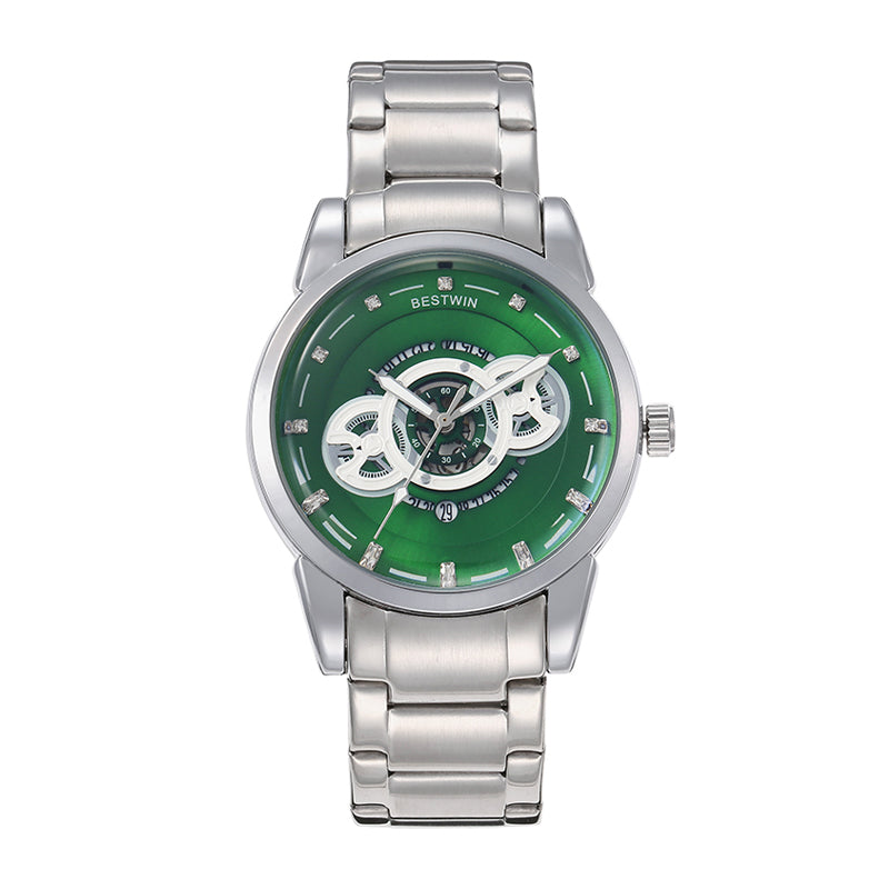 BESTWIN WB911 Live Edition Men's Dashboard Skeleton Style Quartz Watch - 43mm Silver Case Convex Crystal Green Dial 6H Date Window Metal Band Wristwatch