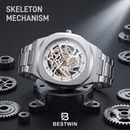 BESTWIN WB983 Live Edition Men's Mechanical Skeleton Style Quartz Watch - 42mm Case Small Seconds Subdial Integrated Metal Band Wristwatch