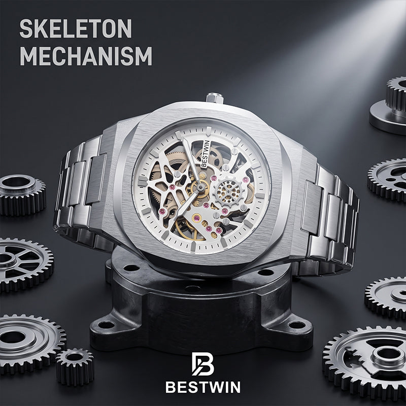 BESTWIN WB983 Live Edition Men's Mechanical Skeleton Style Quartz Watch - 42mm Case Small Seconds Subdial Integrated Metal Band Wristwatch