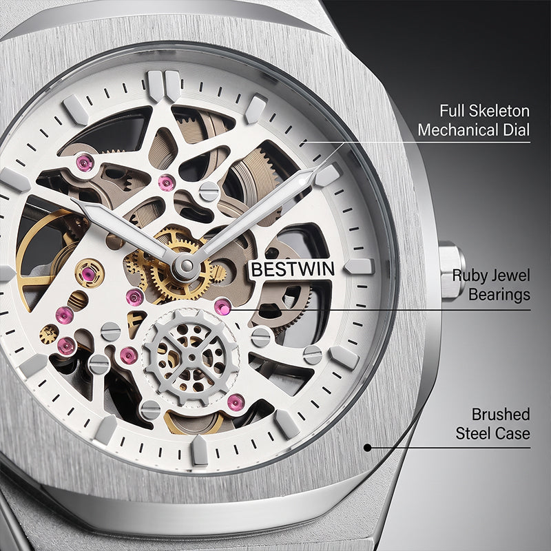 BESTWIN WB983 Live Edition Men's Mechanical Skeleton Style Quartz Watch - 42mm Case Small Seconds Subdial Integrated Metal Band Wristwatch