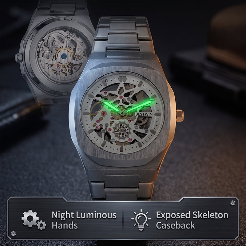 BESTWIN WB983 Live Edition Men's Mechanical Skeleton Style Quartz Watch - 42mm Case Small Seconds Subdial Integrated Metal Band Wristwatch