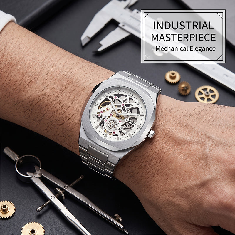 BESTWIN WB983 Live Edition Men's Mechanical Skeleton Style Quartz Watch - 42mm Case Small Seconds Subdial Integrated Metal Band Wristwatch