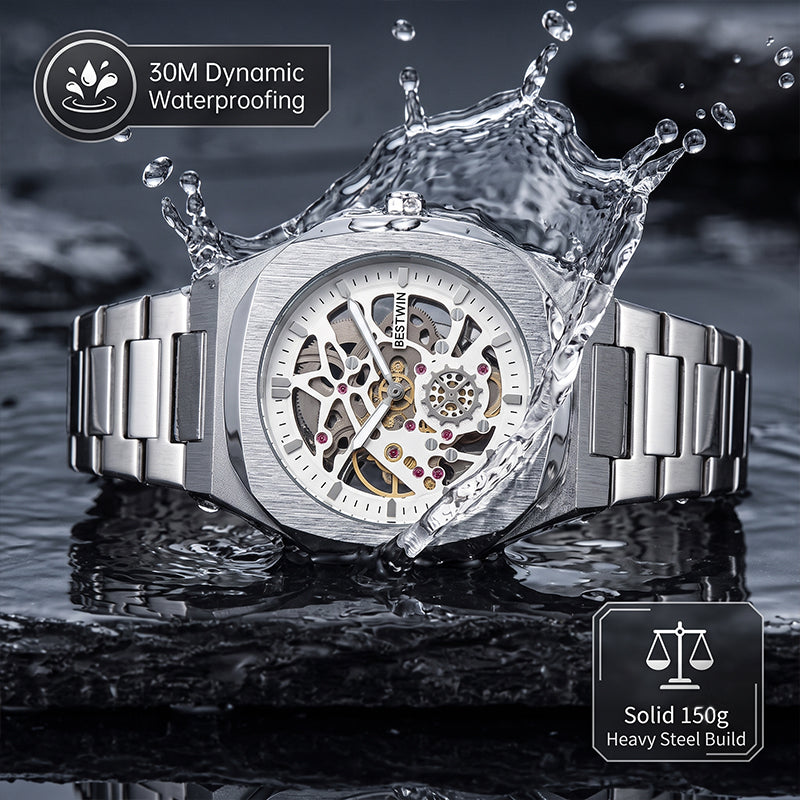 BESTWIN WB983 Live Edition Men's Mechanical Skeleton Style Quartz Watch - 42mm Case Small Seconds Subdial Integrated Metal Band Wristwatch