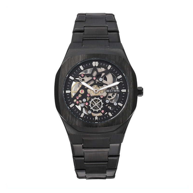 BESTWIN WB983 Live Edition Men's Mechanical Skeleton Style Quartz Watch - 42mm Case Small Seconds Subdial Integrated Metal Band Wristwatch