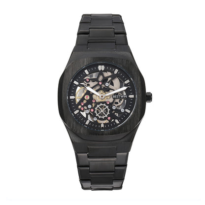 BESTWIN WB983 Live Edition Men's Mechanical Skeleton Style Quartz Watch - 42mm Case Small Seconds Subdial Integrated Metal Band Wristwatch