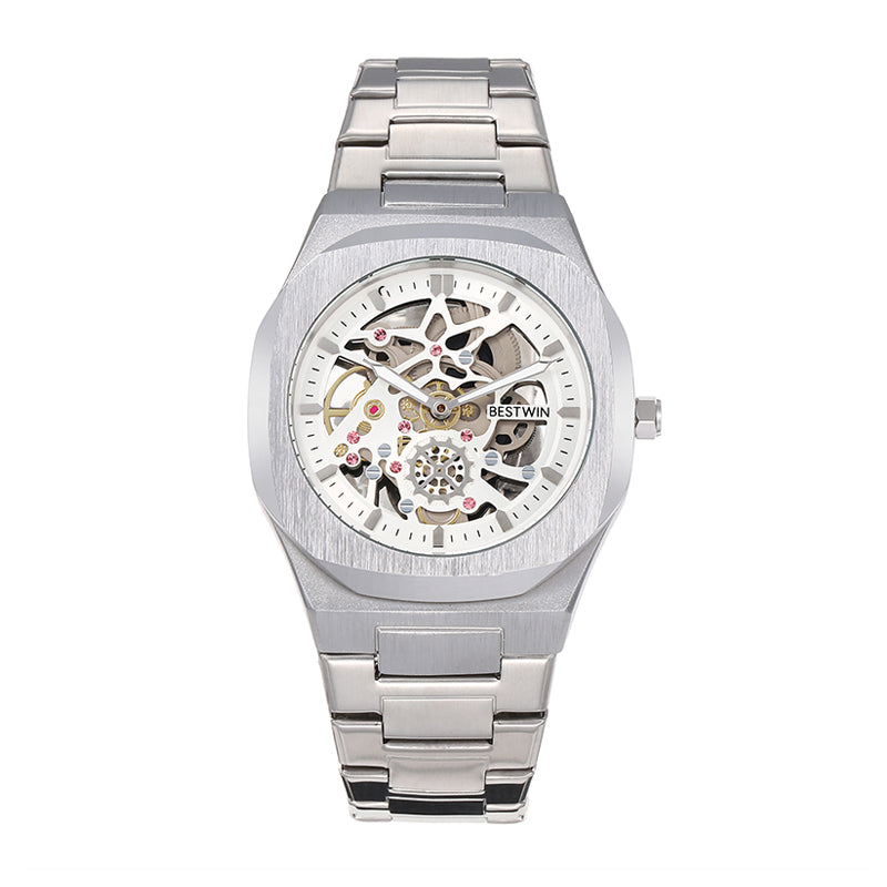 BESTWIN WB983 Live Edition Men's Mechanical Skeleton Style Quartz Watch - 42mm Case Small Seconds Subdial Integrated Metal Band Wristwatch
