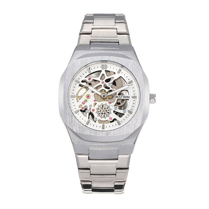 BESTWIN WB983 Live Edition Men's Mechanical Skeleton Style Quartz Watch - 42mm Case Small Seconds Subdial Integrated Metal Band Wristwatch