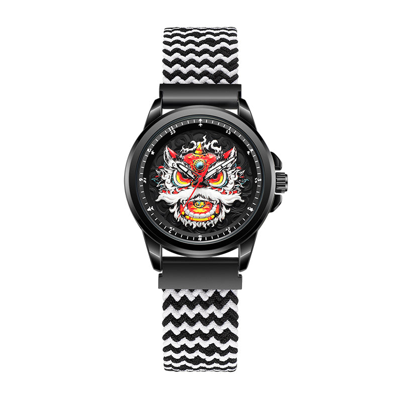 WLS6158 Quartz Watch - Live Edition Men's Streetwear 43mm Black Case Chinese Lion Dance Cultural Dial Luminous Facing Sport Silicone Elastic Woven Strap Wristwatch