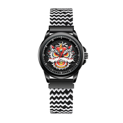 WLS6158 Quartz Watch - Live Edition Men's Streetwear 43mm Black Case Chinese Lion Dance Cultural Dial Luminous Facing Sport Silicone Elastic Woven Strap Wristwatch