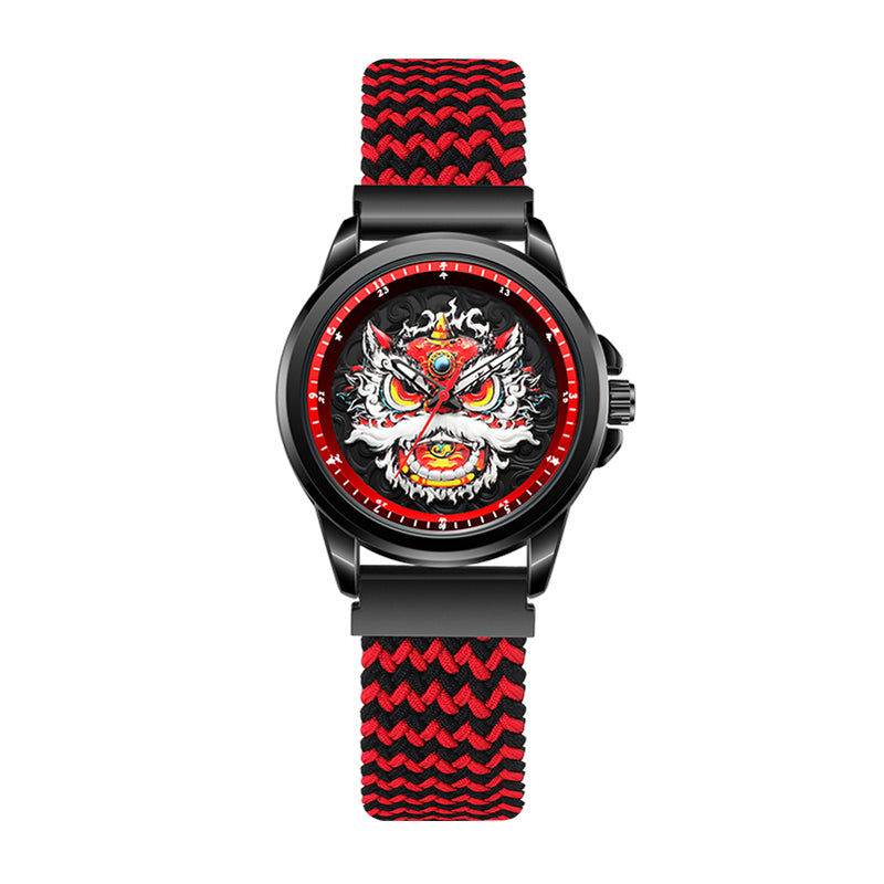WLS6158 Quartz Watch - Live Edition Men's Streetwear 43mm Black Case Chinese Lion Dance Cultural Dial Luminous Facing Sport Silicone Elastic Woven Strap Wristwatch