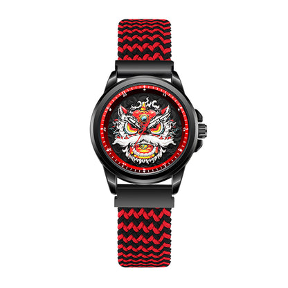 WLS6158 Quartz Watch - Live Edition Men's Streetwear 43mm Black Case Chinese Lion Dance Cultural Dial Luminous Facing Sport Silicone Elastic Woven Strap Wristwatch
