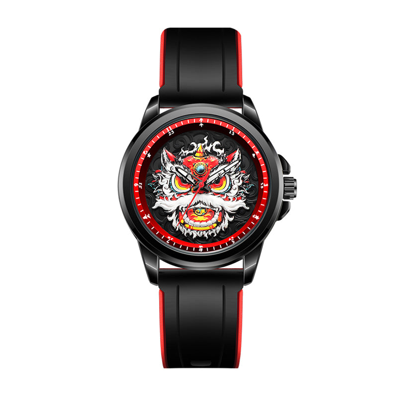 WLS6158 Quartz Watch - Live Edition Men's Streetwear 43mm Black Case Chinese Lion Dance Cultural Dial Luminous Facing Sport Silicone Elastic Woven Strap Wristwatch