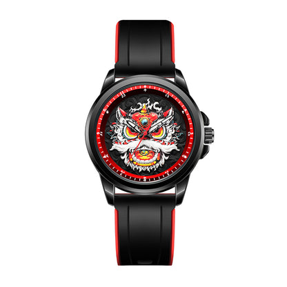 WLS6158 Quartz Watch - Live Edition Men's Streetwear 43mm Black Case Chinese Lion Dance Cultural Dial Luminous Facing Sport Silicone Elastic Woven Strap Wristwatch