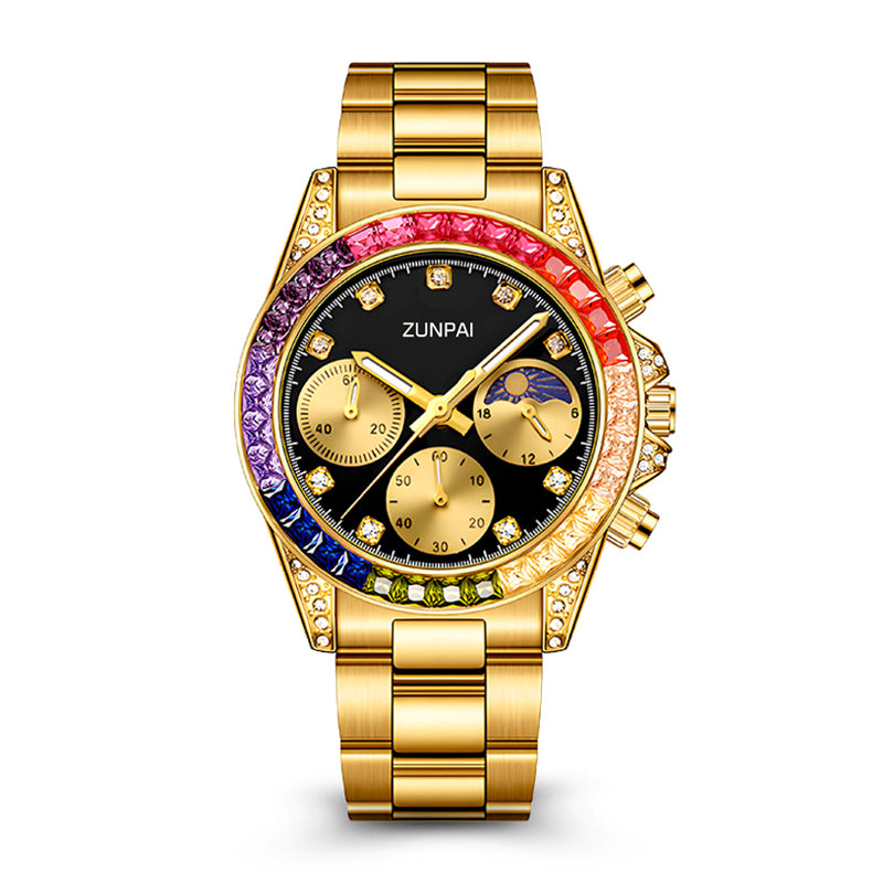 ZUNPAI WSD551 Live Edition Men's Rainbow Daytona Style Quartz Watch - 42mm Gold Case Rainbow Baguette Crystal Bezel Sun & Moon Phase Black Dial Metal Band Wristwatch