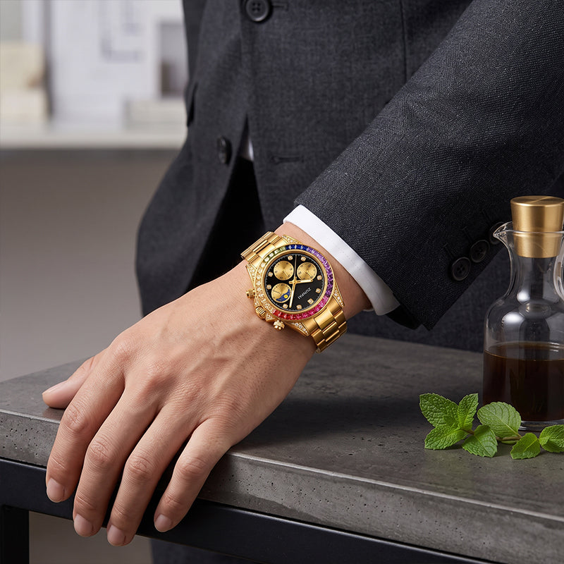 ZUNPAI WSD551 Live Edition Men's Rainbow Daytona Style Quartz Watch - 42mm Gold Case Rainbow Baguette Crystal Bezel Sun & Moon Phase Black Dial Metal Band Wristwatch