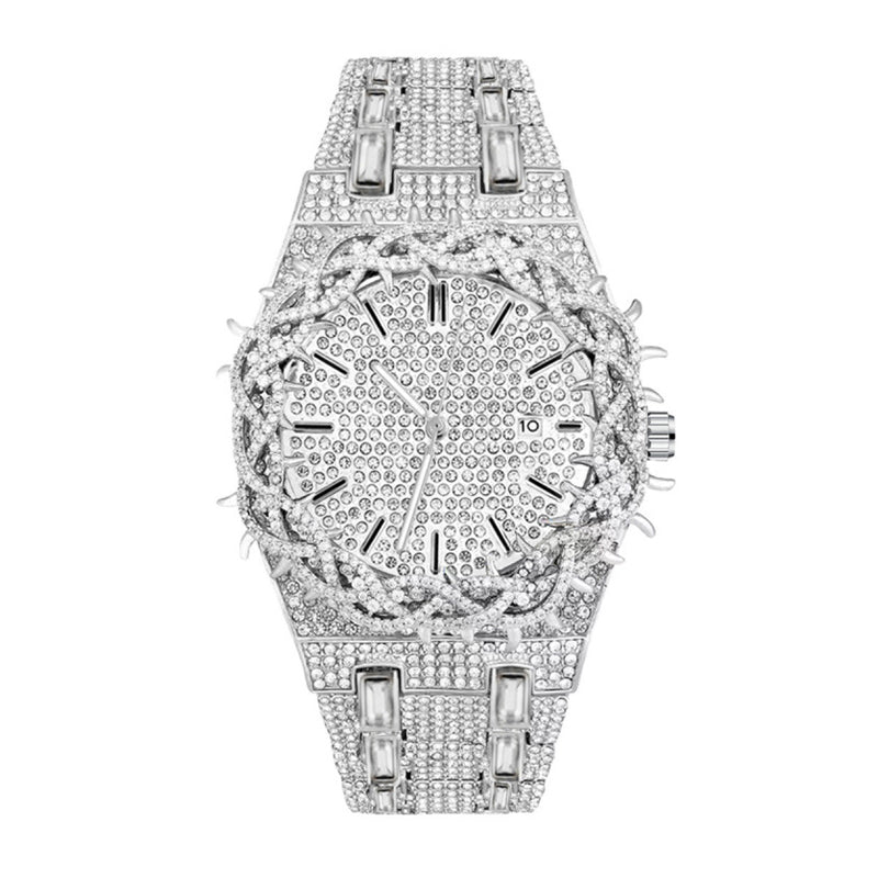 XL106 Live Edition Men's Luxury Iced-Out Diamond Quartz Watch - 47mm Thorn Bezel 3ATM Waterproof 3 O'Clock Date Full Pave Stainless Steel Link Bracelet Wristwatch
