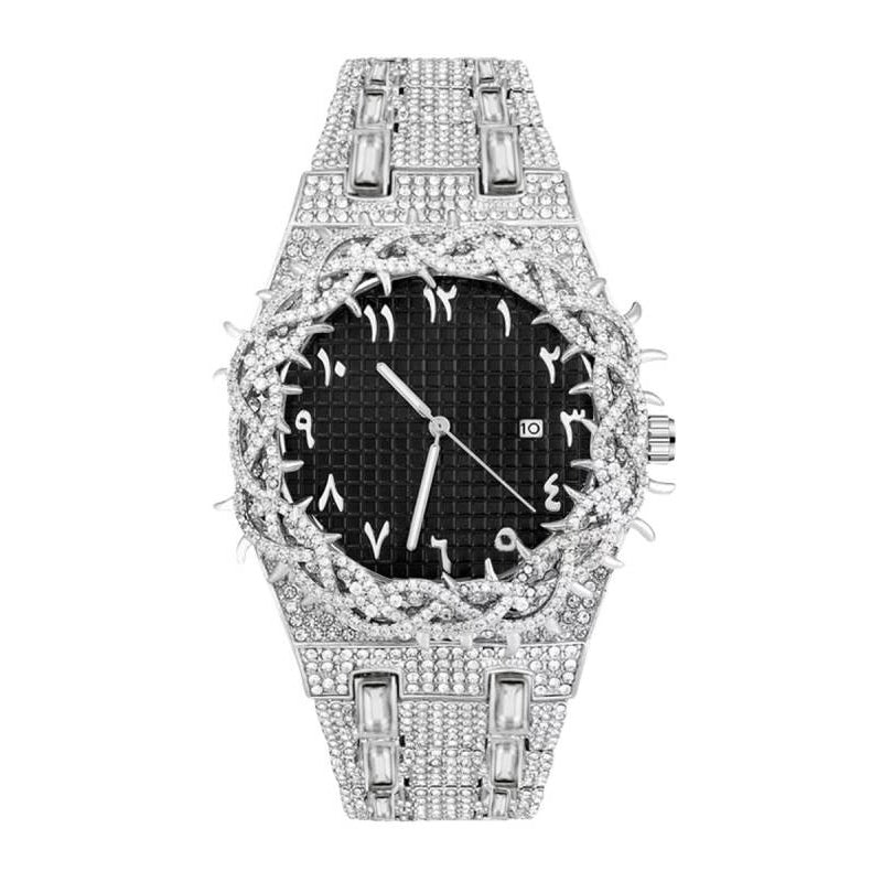 XL106 Live Edition Men's Luxury Iced-Out Diamond Quartz Watch - 47mm Thorn Bezel 3ATM Waterproof 3 O'Clock Date Full Pave Stainless Steel Link Bracelet Wristwatch
