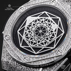 XL8039 Live Edition Men's Geometric Sang Bleu Quartz Watch - 47mm Case Iced Out Bezel Polygon Hands Black Dial Genuine Leather Band Wristwatch
