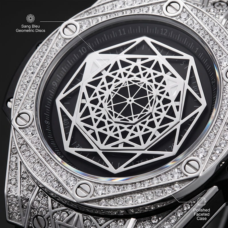 XL8039 Live Edition Men's Geometric Sang Bleu Quartz Watch - 47mm Case Iced Out Bezel Polygon Hands Black Dial Genuine Leather Band Wristwatch