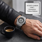 XL8039 Live Edition Men's Geometric Sang Bleu Quartz Watch - 47mm Case Iced Out Bezel Polygon Hands Black Dial Genuine Leather Band Wristwatch
