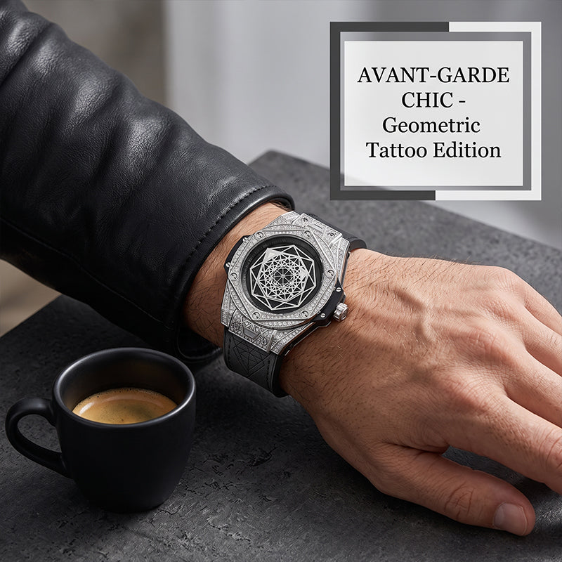 XL8039 Live Edition Men's Geometric Sang Bleu Quartz Watch - 47mm Case Iced Out Bezel Polygon Hands Black Dial Genuine Leather Band Wristwatch
