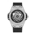 XL8039 Live Edition Men's Geometric Sang Bleu Quartz Watch - 47mm Case Iced Out Bezel Polygon Hands Black Dial Genuine Leather Band Wristwatch