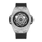 XL8039 Live Edition Men's Geometric Sang Bleu Quartz Watch - 47mm Case Iced Out Bezel Polygon Hands Black Dial Genuine Leather Band Wristwatch