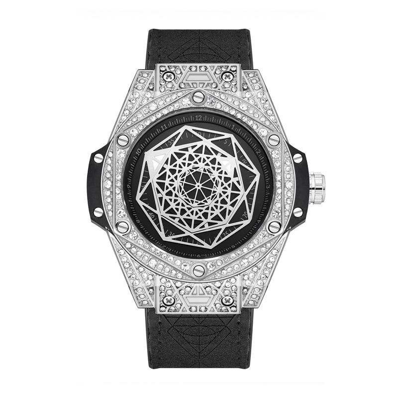 XL8039 Live Edition Men's Geometric Sang Bleu Quartz Watch - 47mm Case Iced Out Bezel Polygon Hands Black Dial Genuine Leather Band Wristwatch