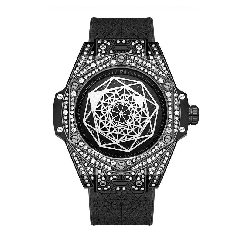 XL8039 Live Edition Men's Geometric Sang Bleu Quartz Watch - 47mm Case Iced Out Bezel Polygon Hands Black Dial Genuine Leather Band Wristwatch