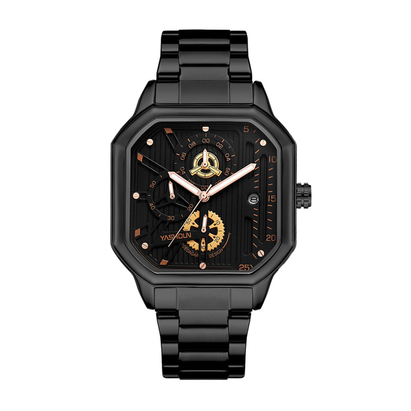YASHDUN YSD5061 Quartz Watch - Live Edition Men's Heavy Industrial 43mm Square-Octagonal Case Steampunk Mechanical Gear Illusion Dial Date Steel Link Bracelet Wristwatch