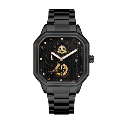 YASHDUN YSD5061 Quartz Watch - Live Edition Men's Heavy Industrial 43mm Square-Octagonal Case Steampunk Mechanical Gear Illusion Dial Date Steel Link Bracelet Wristwatch