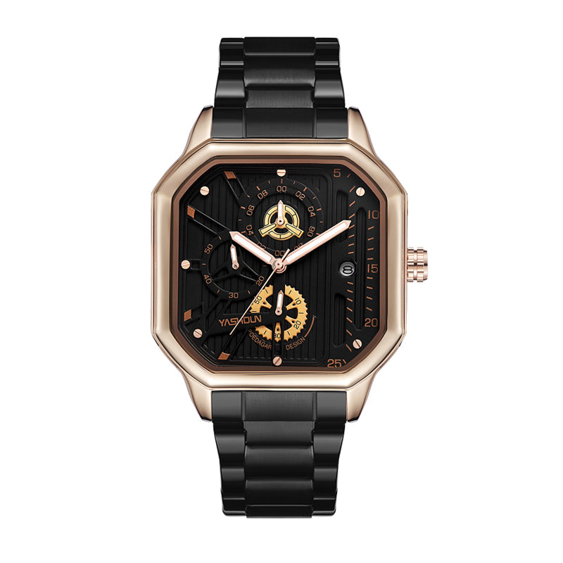 YASHDUN YSD5061 Quartz Watch - Live Edition Men's Heavy Industrial 43mm Square-Octagonal Case Steampunk Mechanical Gear Illusion Dial Date Steel Link Bracelet Wristwatch