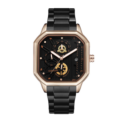YASHDUN YSD5061 Quartz Watch - Live Edition Men's Heavy Industrial 43mm Square-Octagonal Case Steampunk Mechanical Gear Illusion Dial Date Steel Link Bracelet Wristwatch
