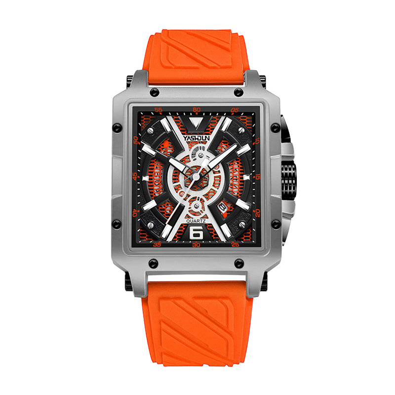 YASHDUN YSD5071 Quartz Watch - Live Edition Men's Heavy Sport 41mm Square Riveted Bezel Mechanical Engine Skeleton Illusion Dial Slanted Date Sculpted Silicone Strap Wristwatch