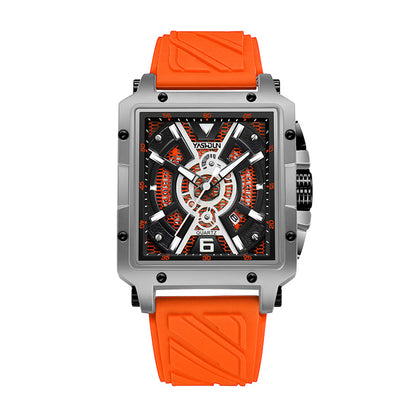 YASHDUN YSD5071 Quartz Watch - Live Edition Men's Heavy Sport 41mm Square Riveted Bezel Mechanical Engine Skeleton Illusion Dial Slanted Date Sculpted Silicone Strap Wristwatch