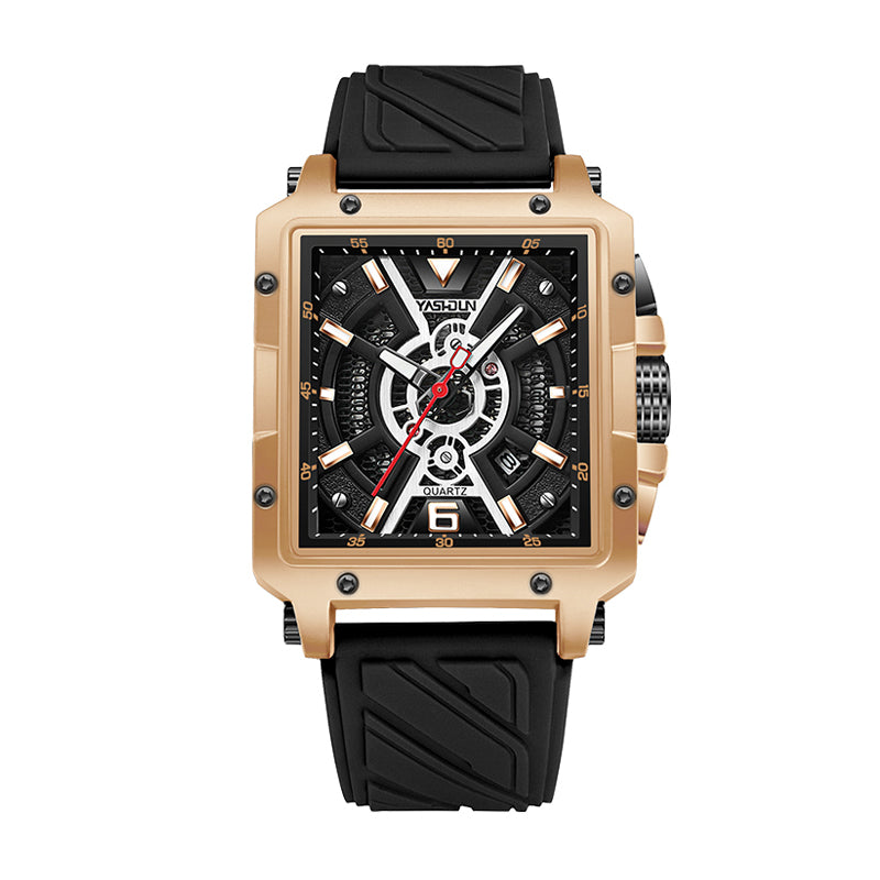 YASHDUN YSD5071 Quartz Watch - Live Edition Men's Heavy Sport 41mm Square Riveted Bezel Mechanical Engine Skeleton Illusion Dial Slanted Date Sculpted Silicone Strap Wristwatch
