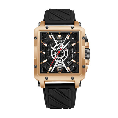 YASHDUN YSD5071 Quartz Watch - Live Edition Men's Heavy Sport 41mm Square Riveted Bezel Mechanical Engine Skeleton Illusion Dial Slanted Date Sculpted Silicone Strap Wristwatch
