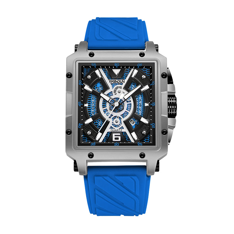 YASHDUN YSD5071 Quartz Watch - Live Edition Men's Heavy Sport 41mm Square Riveted Bezel Mechanical Engine Skeleton Illusion Dial Slanted Date Sculpted Silicone Strap Wristwatch