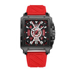 YASHDUN YSD5071 Quartz Watch - Live Edition Men's Heavy Sport 41mm Square Riveted Bezel Mechanical Engine Skeleton Illusion Dial Slanted Date Sculpted Silicone Strap Wristwatch