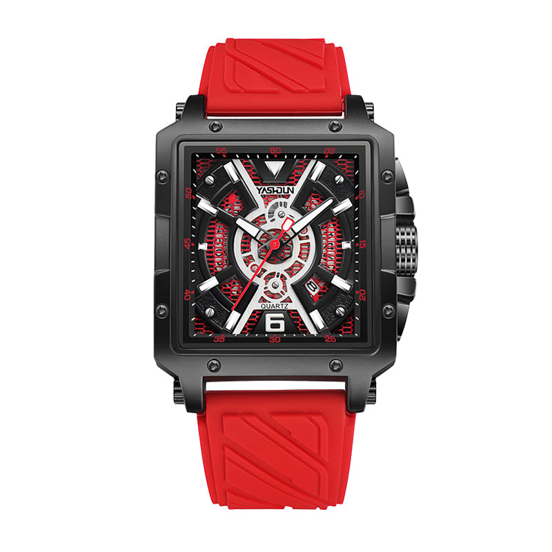 YASHDUN YSD5071 Quartz Watch - Live Edition Men's Heavy Sport 41mm Square Riveted Bezel Mechanical Engine Skeleton Illusion Dial Slanted Date Sculpted Silicone Strap Wristwatch
