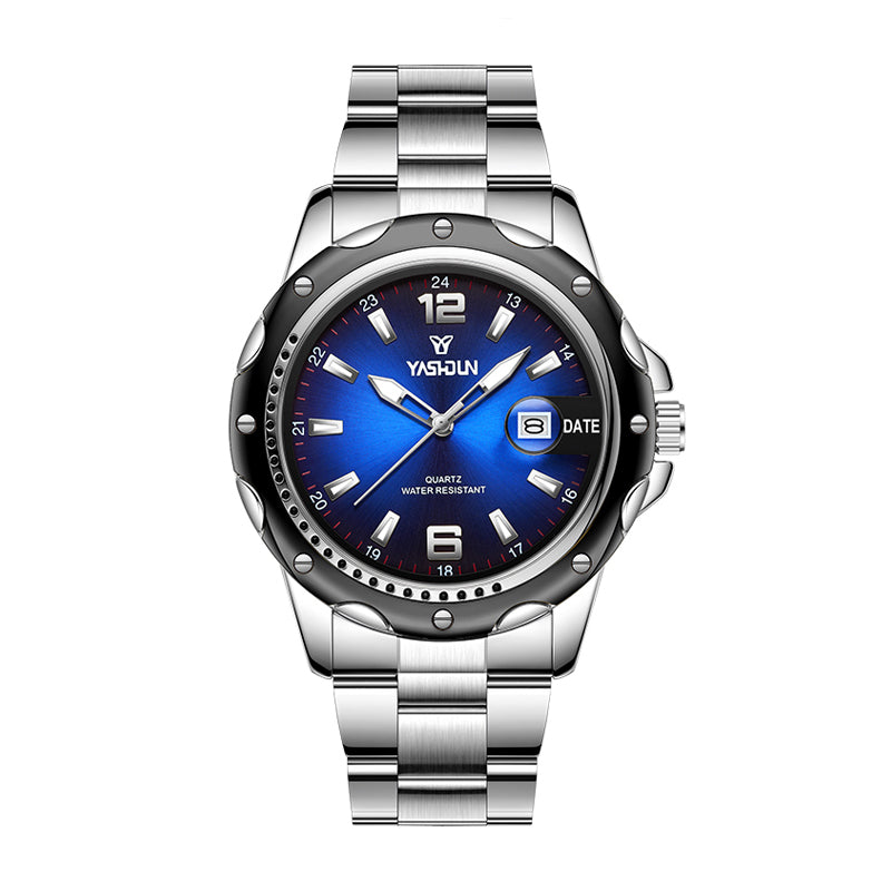 YASHDUN YSD5079 Quartz Watch - Live Edition Men's Heavy Sport 45mm Diver Style Bezel Luminous Hands Cyclops Date Steel Link Bracelet Wristwatch