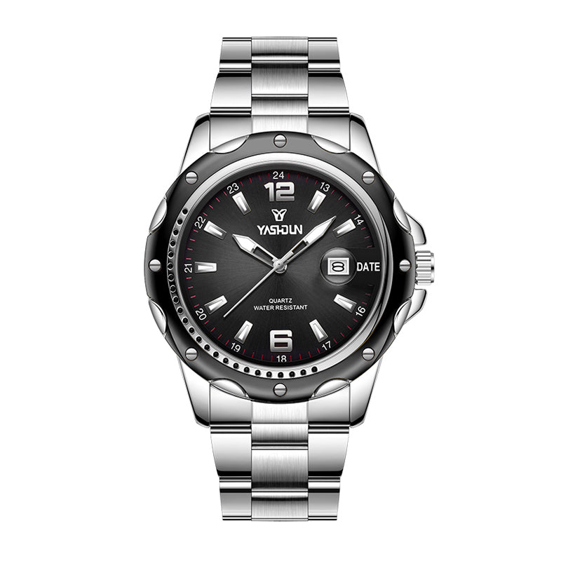YASHDUN YSD5079 Quartz Watch - Live Edition Men's Heavy Sport 45mm Diver Style Bezel Luminous Hands Cyclops Date Steel Link Bracelet Wristwatch