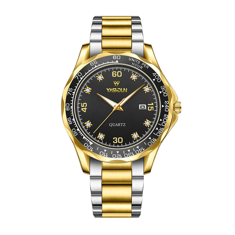 YASHIDUN YSD5080 Live Edition Men's Luxury Executive Quartz Watch - 43mm Two-Tone Gold Case Tachymeter Bezel Crystal Marker Dial 3H Date Metal Band Wristwatch