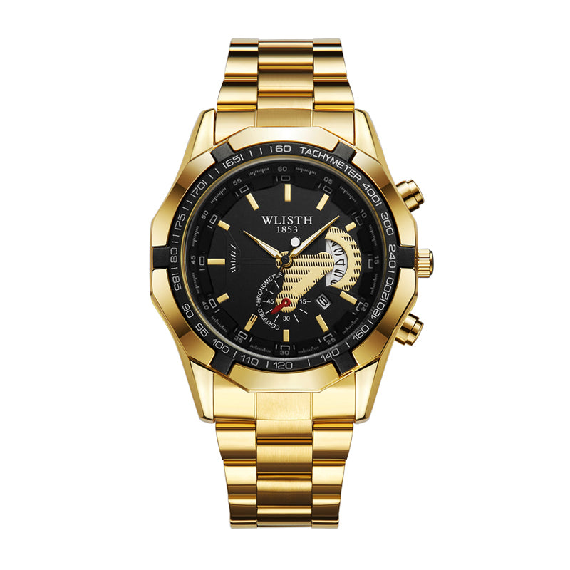 WLISTH YSD6138 Live Edition Men's Racing Chrono Style Quartz Watch - 47mm Gold Case Tachymeter Bezel Arc Calendar Window Black Dial Metal Band Wristwatch