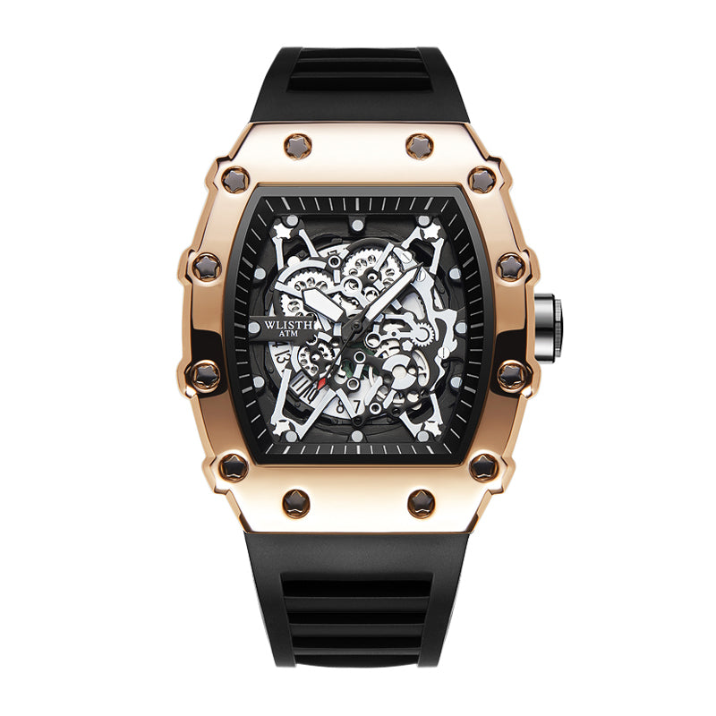 WLISTH YSD6147 Live Edition Men's High-Street Quartz Watch - 50x43mm Tonneau Case Mechanical Skeleton Dial 8H Date Rubber Strap Wristwatch