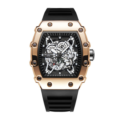 WLISTH YSD6147 Live Edition Men's High-Street Quartz Watch - 50x43mm Tonneau Case Mechanical Skeleton Dial 8H Date Rubber Strap Wristwatch