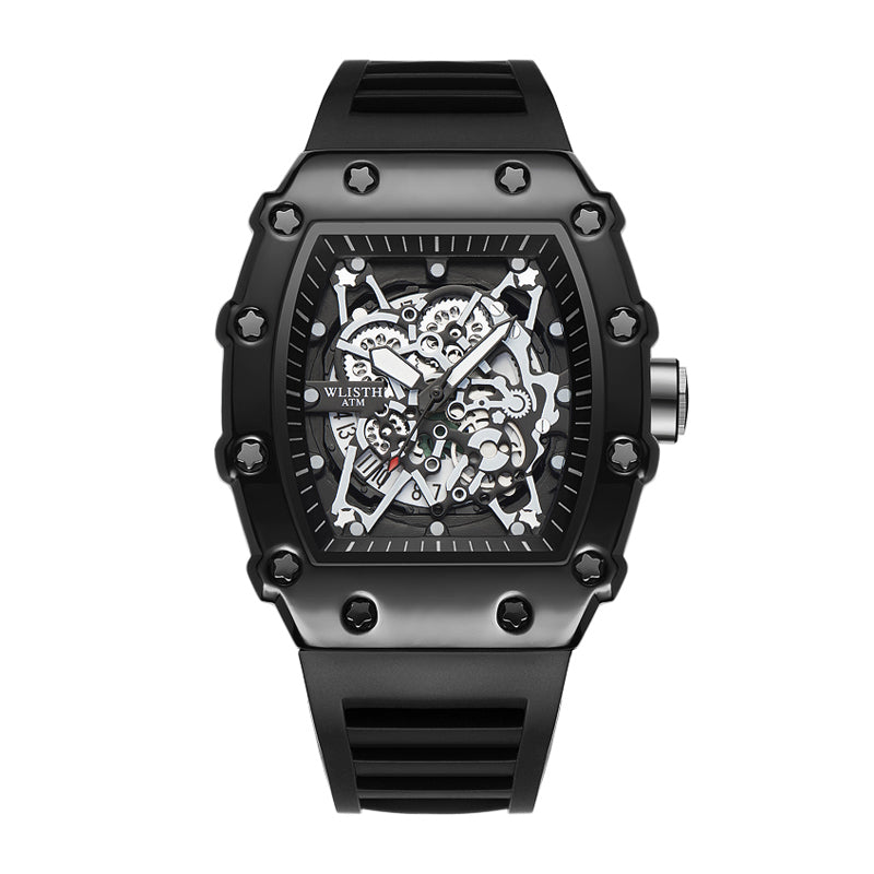 WLISTH YSD6147 Live Edition Men's High-Street Quartz Watch - 50x43mm Tonneau Case Mechanical Skeleton Dial 8H Date Rubber Strap Wristwatch